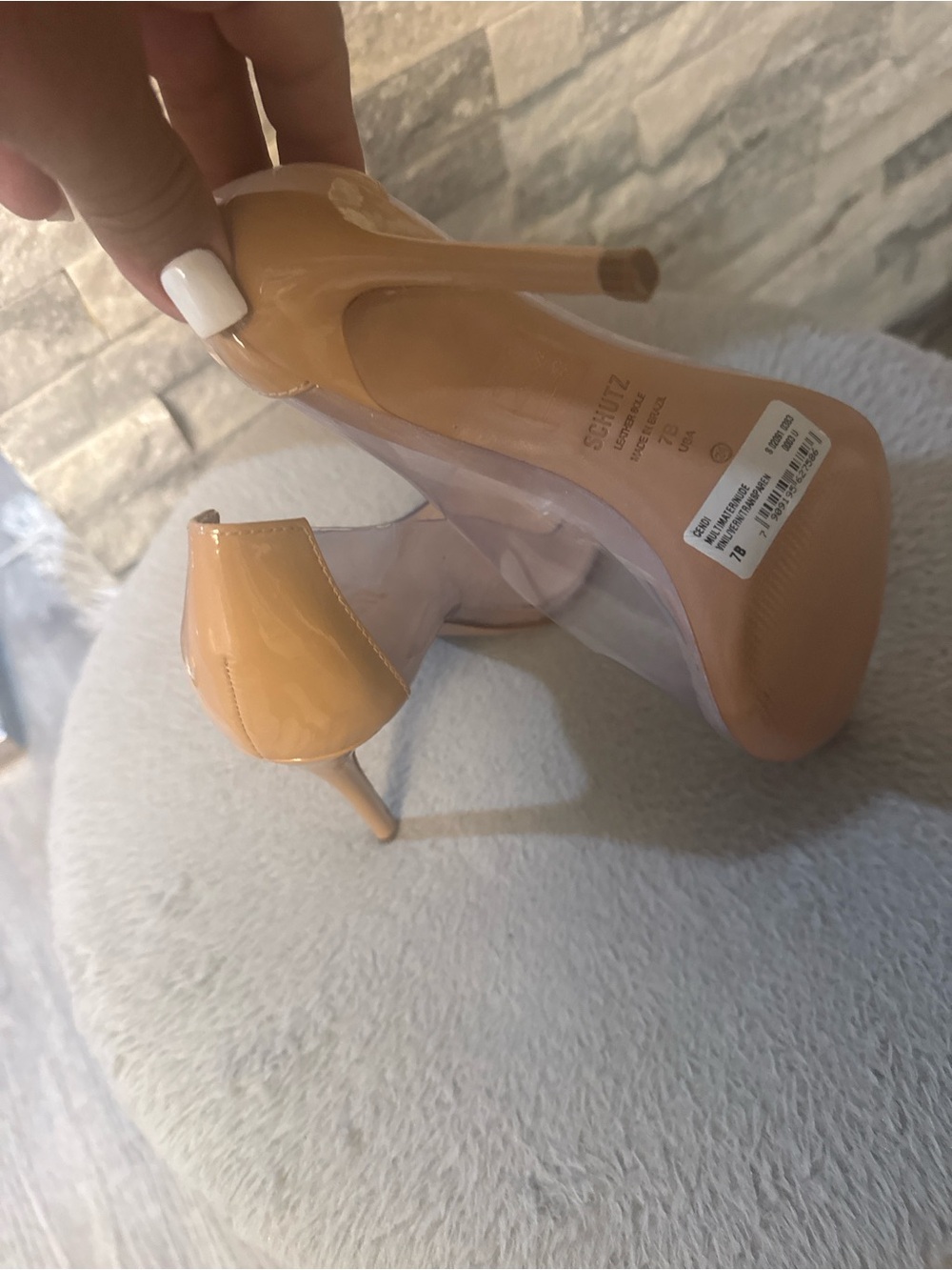 SCHUTZ Nude Patent Pointed-Toe Pumps with Clear Panels - Picture 3 of 5
